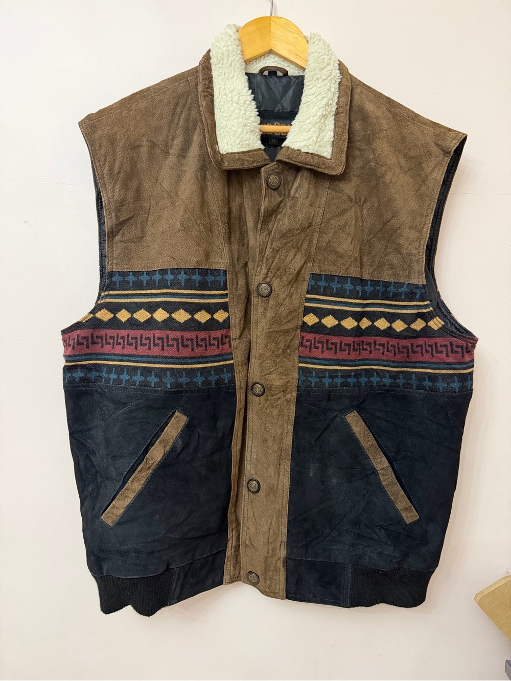 Vintage Guide Gear Genuine Leather Aztec Navajo Western Sherpa Collar Vest XL